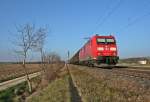 185 199-7 mit einem RedBull-Zug, welcher leer Dosen zur Befllung nach Bludenz bringt am Nachmittag des 08.03.14 sdlich von Hgelheim.