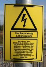 Hinweis auf die Unterspannungsetzung der Oberleitungsanlagen im Katzenbergtunnel und auf den Zulaufstrecken am 16.09.2012 in Schliengen