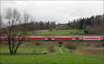 Dunkle und helle Fenster - 

... im roten Band in grüner Landschaft.

Dosto zwischen Lonsee und Urspring auf der Schwäbischen Alb.

Der Steuerwagen rechts wurde bewusst abgeschnitten um den Blick auf die Reihung der Fenster zu werfen. Warum beim Steuerwagen auch die unteren Fenster den Himmel spiegeln könnte an dem Seitental im Rücken des Foto-Standortes liegen. Die Fenster in den Türen heben sich im Gegensatz zu den weiteren Wagen kaum vom weiß der Türen ab.

19.04.2008 (M)