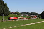 1293 021 war mit einem leeren Autozug am 6. September 2023 bei Axdorf auf dem Weg nach München.