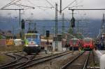 DB 111 066-7 Werbelok Biergarten   Mit dem Bayern-Ticket zu den schnsten Biergrten   beim Umsetzen zur Bespannung einer RB nach Mnchen, Mittenwaldbahn KBS 960 Innsbruck - Mnchen, fotografiert im Bhf. Mittenwald am 30.09.2012 --> Rechts am Bahnsteig 1 steht ausgestellt zum Jubilum   100 Jahre Mittenwaldbahn   DB Regio 442 770. Die Triebzge dieser BR soll ab 2013 als   Werdenfels Express   auf der Mittenwaldbahn zum Einsatz kommen.