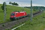 Auf Grund einer baustellenbedingten Streckensperrung vom 07.06. bis 02.07.2021 zwischen Bludenz und Ötztal ( Arlbergsperre ), wurden unter anderem auch Güterzüge nach Wolfurt über Memmingen und Lindau umgeleitet. 1016 010 am 23.06.2021 bei Schlachters.