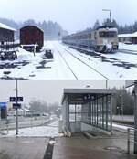 Noch einmal der Bahnhof Röthenbach am 12.02.1983 bei starkem Schneetreiben mit einem einfahrenden Vorserien-628.0-Doppel, darunter die Situation am 25.02.2023: Damals existierte die Strecke nach Lindenberg noch, kurz vorher hatte 211 149-0 einen Güterwagen von dort gebracht, heute präsentiert sich der Bahnhof modern, die schmalen Bahnsteige sind durch zwei Hochbahnsteige ersetzt worden, zu Gleis 3 führen eine Treppe und eine Rampe. Von den Güteranlagen ist nichts übrig geblieben und das Gleis nach Lindenberg ist zu einem Fuss- und Radweg mutiert.