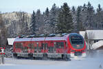 Der Dieseltriebzug 633 042 ist hier Ende November 2023 auf der Teilstrecke zwischen den Pfrontener Orststeilen Steinach und Ried unterwegs.