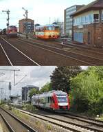 Der Bahnhof Neumünster am 27.04.1985 und am 07.07.2023: Auf der oberen Aufnahme verlässt ein MAN-Triebwagen der AKN den Bahnhof in Richtung Kaltenkirchen, im Hintergrund 218 120-4, darunter fährt ein LINT 41 der Nordbahn aus Neumünster aus (Gruß zurück an den Tf.!). Grüner ist es im Bahnhof geworden, aber Formsignale und Stellwerk sind verschwunden.