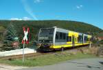 DB Burgenlandbahn 672 918 + 672 909 als RB 33895 von Wangen (Arche Nebra) nach Nebra am Hp Wangen. Durch das Freyburger Winzerfest setzte die Burgenlandbahn an diesem Wochenende VT´s der BR 642 ein. Da diese durch ihre Lnge am Hp Wangen nicht halten konnten, pendelten zwischen Nebra und Wangen die gewohnten 672er; 12.09.2009