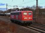 DB  Bahntechnik mit Kompetenz  110 169-0 ist hier am 10.03.2017 LZ im letzten Tageslicht in Stadthagen nach Minden unterwegs...<P>
