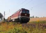 DGT 232 223-8 mit Bauzug in Fahrtrichtung Norden. Aufgenommen zwischen Eschwege und Albungen am 29.08.2013.