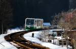 654 031 (VT31  Stadt Klingenthal ) als VBG20813 Zwickau - Graslitz ( - Falkenau) in Zwota, 25.2.011. Wegen des GDL-Streiks wendete dieser VT bereits in Zwotental.