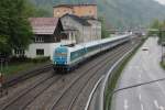 223 066 verlsst den Bahnhof Immenstadt mit Ziel Mnchen(Hbf.)12.05.2012.Grsse an den freundlichen Tf.