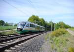 19.5.2012 10:03 VT 24 der Vogtlandbahn aus Zwickau (Sachsen) Hbf nach Marinsk Lzně in der Nhe der Talsperre Jesenice zwischen den Haltestellen Cheb Veboř und Stebnice. 