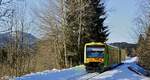 Auf der Fahrt von Bayerisch Eisenstein nach Plattling treffen 650 661 und eine weiterer 650 am 15.02.2019 in Ludwigsthal ein, links ist der Große Arber zu erkennen