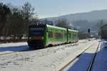 650 657 und ein weiterer 650 der Waldbahn fahren am 14.02.2019 im Bahnhof Gotteszell ein.