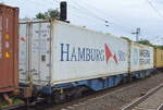 Gelenk-Containertragwagen der EGP in blau mit der Nr.