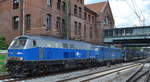 EGP mit 218 201-2 (NVR-Nummer: 9280 1218 201-2 D-EGP) mit 140 649-5 (NVR-Nummer: 91 80 6140 649-5 D-EGP) und PKW-Transportzug (leer) am 18.06.19 Bahnhof Hamburg-Harburg.