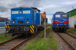 Press Lok der BR 346 und EGP Lok der BR 151  im Anschluss des Hafen's in Stralsund. - 31.07.2016 - Durch das Tor der SWS Seehafen Stralsund GmbH aufgenommen.