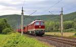 132 334-4 (EBS) fuhr am 05.08.17 einen Holzzug durch Remschütz nach Saalfeld/Saale.