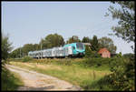 ET 4.02 der Eurobahn ist hier am 19.7.2018 um 11.54 Uhr bei Westerhausen als RB nach Bielefeld unterwegs.