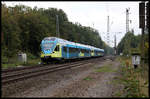 Eurobahn ET 8.13 erreicht hier am 5.10.2019 um 10.33 Uhr auf der Fahrt nach Münster den rückgebauten Bahnhof Natrup Hagen. Wie man sehen kann, sind die einstigen Ausweichgleise bereits ausgebaut. Der weitere Rück- bzw. Umbau wird die Masten und die noch liegenden alten Weichen betreffen.