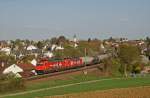 HGK 185 585-7 + 185 589-9 durchfahren mit Kesselwagen Sachsenheim Richtung Norden. 25.04.13