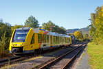   Der VT 505  (95 80 1648 105-2 D-HEB / 95 80 1648 605-1 D-HEB) der HLB (Hessische Landesbahn GmbH), ein Alstom Coradia LINT 41 der neuen Generation, fährt am 01.10.2017, als RB 96