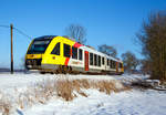 
Der VT 261 (95 80 0648 161-7 D-HEB / 95 80 0648 661-6 D-HEB) ein Alstom Coradia LINT 41 der HLB (Hessische Landesbahn), ex vectus VT 261 am 17.01.2017, RB 90  Westerwald-Sieg-Bahn  (Westerburg - Altenkirchen - Au/Sieg - Siegen), Umlauf RB 61730, von Hachenburg weiter in Richtung Altenkirchen. Er befährt die Oberwesterwaldbahn (KBS 461) zwischen Hachenburg und Ingelbach. 