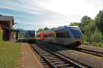 Selten 2 GTW 2/6 der Hellertalbahn im Bahnhof Herdorf am 08.05.2011.