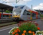 Der VT 118 ein Stadler GTW 2/6 der Hellertalbahn steht am 22.07.2012 im Bahnhof Betzdorf/Sieg zu Abfahrt nach Dillenburg bereit.