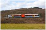 Ein Stadler GTW 2/6 der Hellertalbahn fährt am 23.02.2014 als RB 96  Hellertalbahn  die Verbindung Neunkirchen - Herdorf - Betzdorf/Sieg, hier kurz vor dem Hp Herdorf-Sassenroth.