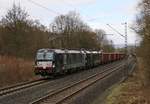 193 859 in Doppeltraktion mit einer weitern 193er und einem S21-Abraumzug in Fahrtrichtung Süden. Aufgenommen in Wehretal-Reichensachsen am 29.03.2016.