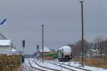 Leicht verschneit steht die MRCE / Dispolok mit ihren Holzwagen vor der Gleissperre des Torgelower Nebengleises.