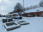 VT 701 der OLA Schwerin wartet im Bahnhof von Plate auf seine Weiterfahrt zum Betriebshof Schwerin Haselholz am 31.12.2010.