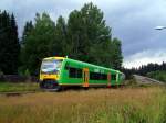 Der Regio Shuttle VT 15 der Waldbahn musste am 08.08.2008 in das Anschlussgleis des Sgewerks in Bhmisch Eisenstein zurck drcken wegen einer Gleisrumung fr einen Sonderzug.