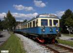 Esslinger Dieseltriebwagengarnitur der Regentalbahn VT07 (Bj.1952) + Steuerwagen VS28 (Bj. 1956), ehem. KBS 866 Lokalbahn Gotteszell - Viechtach - Blaibach, heute Wanderbahn, fotografiert am 12.09.2010 in Teisnach   