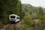 VT08 der Regentalbahn befuhr im Rahmen einer Fotosonderfahrt am 27.09.2014 die Strecke von Viechtach nach Gotteszell. Aufgenommen bei Gumpenried-Asbach.