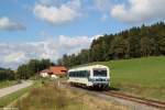 VT08 der Regentalbahn befuhr im Rahmen einer Fotosonderfahrt am 27.09.2014 die Strecke von Viechtach nach Gotteszell. Aufgenommen bei Gotteszell.