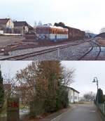 Die hier gezeigte Vergleichsaufnahme ist eine Bahnbilder-Koproduktion: Matthias Frey hat sich freundlicherweise die Mühe gemacht, meinen damaligen Fotostandpunkt zu suchen (und zu finden!), herzlichen Dank dafür!

Vom 20.10.1901 bis zum 31.08.1985 (Personenverkehr) bzw. 14.09.1985 (Güterverkehr) betrieb die Württembergischen Eisenbahn-Gesellschaft die meterspurige Schmalspurbahn von Amstetten nach Laichingen. Heute verkehren auf dem Teilstück von Amstetten nach Oppingen Museumszüge, der Rest der Strecke wurde abgebaut.

An einem frostigen Samstagmorgen 1985 war der T 35 mit einigen aufgebockten Normalspurwagen als GmP nach Amstetten unterwegs, oben bei Rangierarbeiten im Bahnhof Merklingen. Darunter eine aktuelle Aufnahme, es gehört schon einige Phantasie dazu, sich vorzustellen, dass sich hier einmal ein Bahnhof befand.

Heute gibt es wieder einen Bahnhof Merklingen, der allerdings am anderen Ortsende an der SFS Wendlingen - Ulm liegt.

