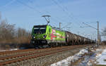 187 505 der HSL schleppte am 19.03.18 einen Kesselwagenzug durch Greppin Richtung Dessau.