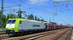 Captrain/ITL 185-Cl 007 (NVR-Number: 91 80 6185 507-1 D-ITL] und einem Transportzug mit fabrikneuen VW Nutzfahreugen aus polnischer Produktion am 12.06.18 Bf.