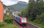 185-CL 003 der ITL zog am Morgen des 01.07.13 einen recht leeren Autozug durch Knigstein Richtung Bad Schandau.