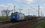 185-CL 006 der ITL beförderte am 08.04.16 den aus Zeithain kommenden Stahlzug durch Rodleben Richtung Magdeburg.