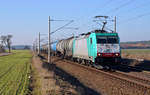 186 128 der ITL beförderte am 15.02.17 einen Kesselwagenzug durch Rodleben Richtung Roßlau.