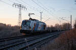 Locon 248 012 mit einem fast komplett leeren Containerzug nach Pinnow. Aufgenommen am 14.12.2022 in Herzsprung.