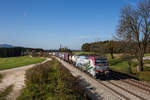 193 773 von Lokomotion fährt mit einem KLV bei Grabenstätt in Richtung Salzburg, aufgenommen am 20. Oktober 2017.