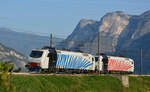 Zwei  Zebras  von Lokomotion (EU43 002 & EU43 005) rollen ohne Zug bei Grumo im Trentino durch das Tal der Etsch. 04.09.2021