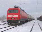 MEG-Zug 80321 wartet auf die Abfahrt nach Rdersdorf im Cargo-Bahnhof Rostock-Seehafen.Aufgenommen am 04.03.05