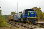 V 2102 (275 102-2) & 1116 911-7 (182 911-8) MWB - Mittelweserbahn GmbH standen mit einem High Speed Grinding Schienenschleifzug in Rathenow abgestellt. 22.10.2012