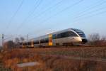 Der VT 0014 (95 80 0643 122-4 D-NEBB) der Niederbarnimer Eisenbahn (NEB) auf der RB 12 von Berlin Ostkreuz nach Templin Stadt am 16.12.2015 in Nassenheide.
Der Triebwagen wurde 1999 bei Bombardier in Aachen unter der Fabriknummer  191020 gefertigt.
