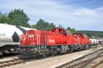 260 502 und  260 510 beides Voith Gravitas geniessen im Bahnhof von Gammertingen die Wochenendruhe.Die Loks sind von North Rail angemietet und sind in Diensten der HZL.Aufgenommen am 12.8.2012