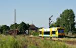 Eine Regioshuttle der ODEG verlsst am 28.07.2008 den Bahnhof von Malchow Richtung Hagenow.